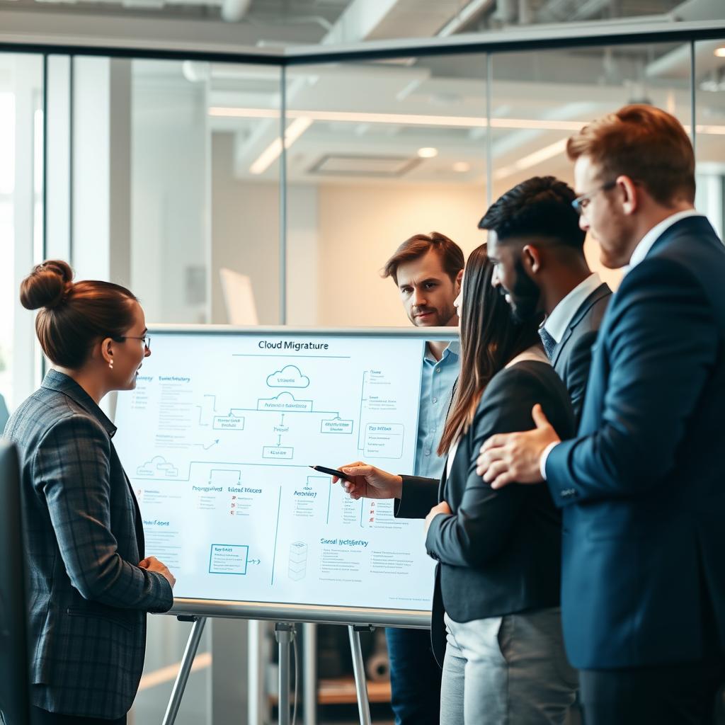 Cloud migration experts collaborating on migration strategy