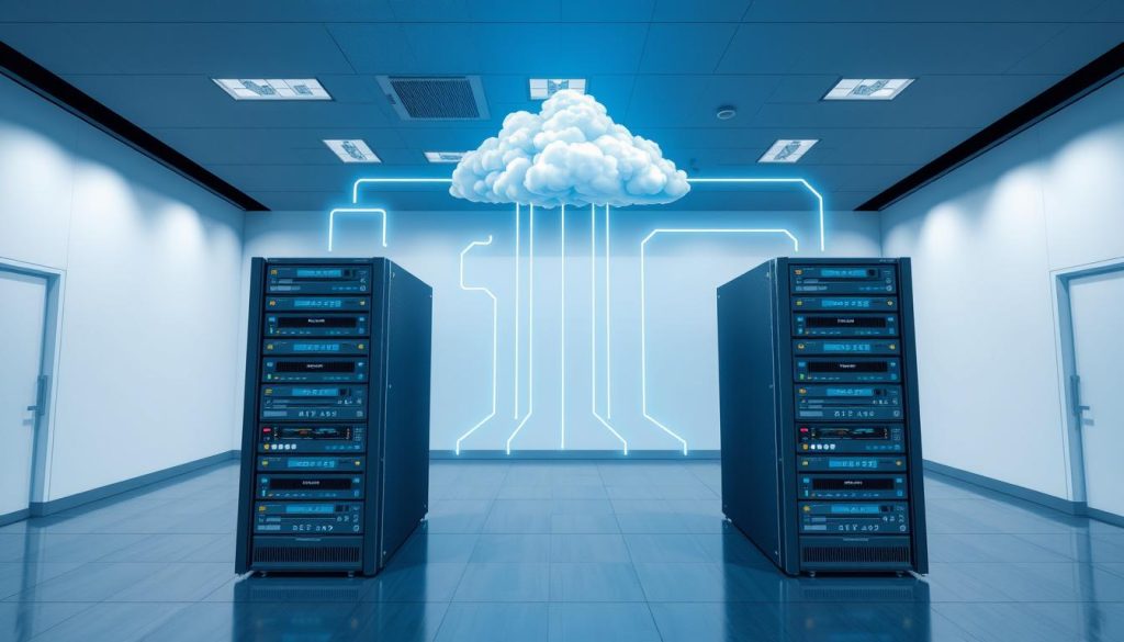 Cloud migration services visualization showing data moving from traditional servers to cloud infrastructure
