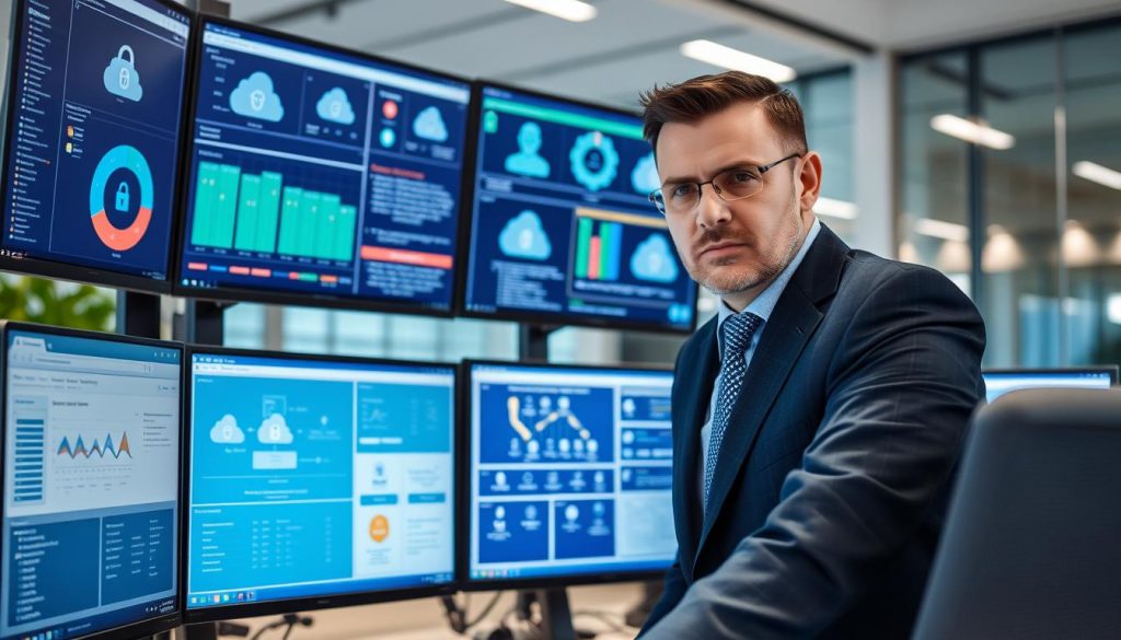 Cloud security consultant analyzing digital infrastructure with multiple cloud security elements