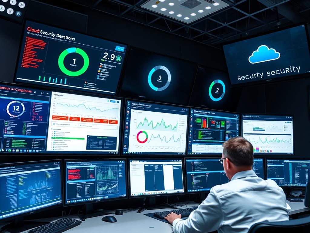 Cloud security operations center with multiple monitoring screens