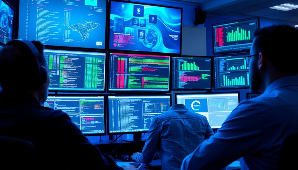 Cloud security professionals monitoring real-time threat detection systems