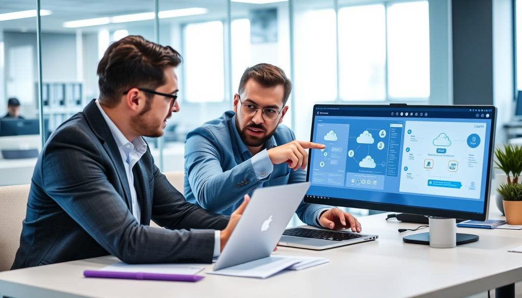 Cloud solutions consultants collaborating with Opsio's tools