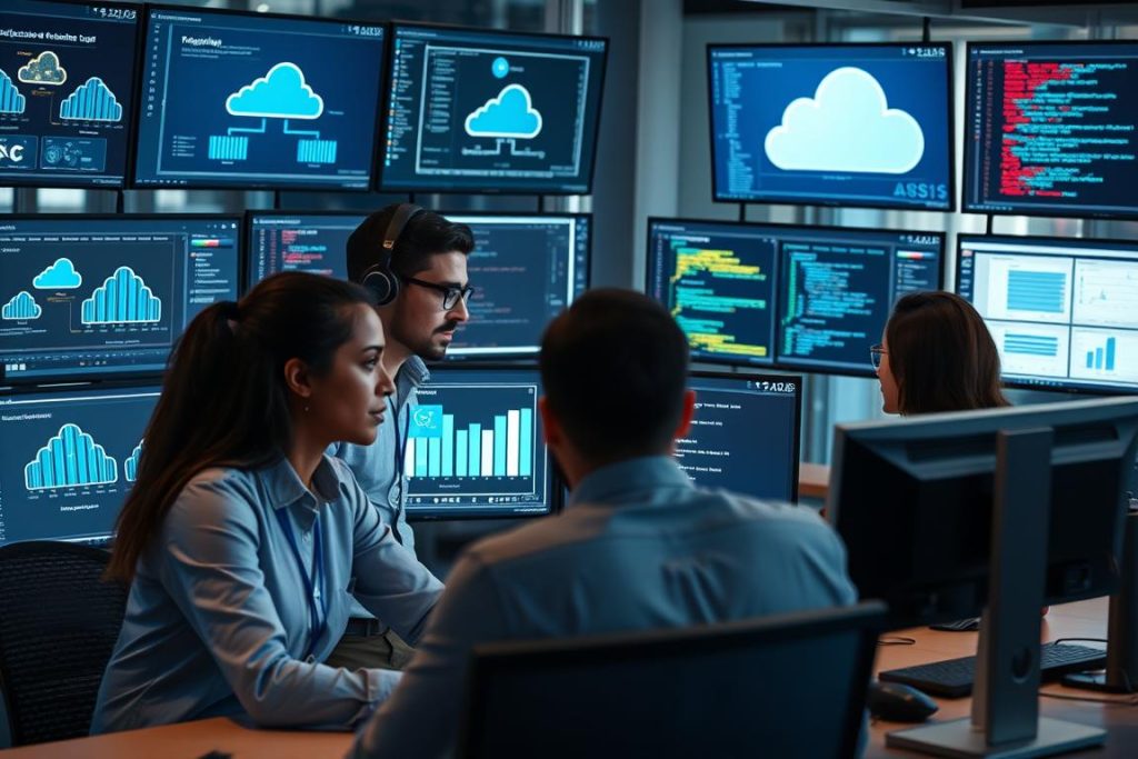 Cloud specialists collaborating on hybrid infrastructure optimization