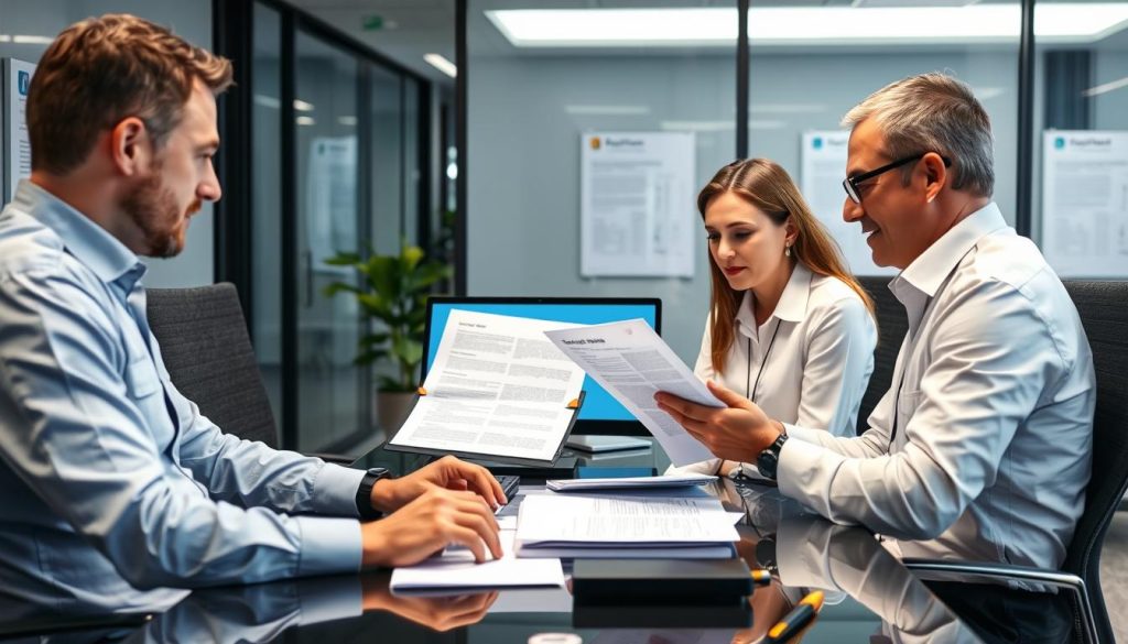 Compliance specialists reviewing cloud security documentation and regulatory requirements