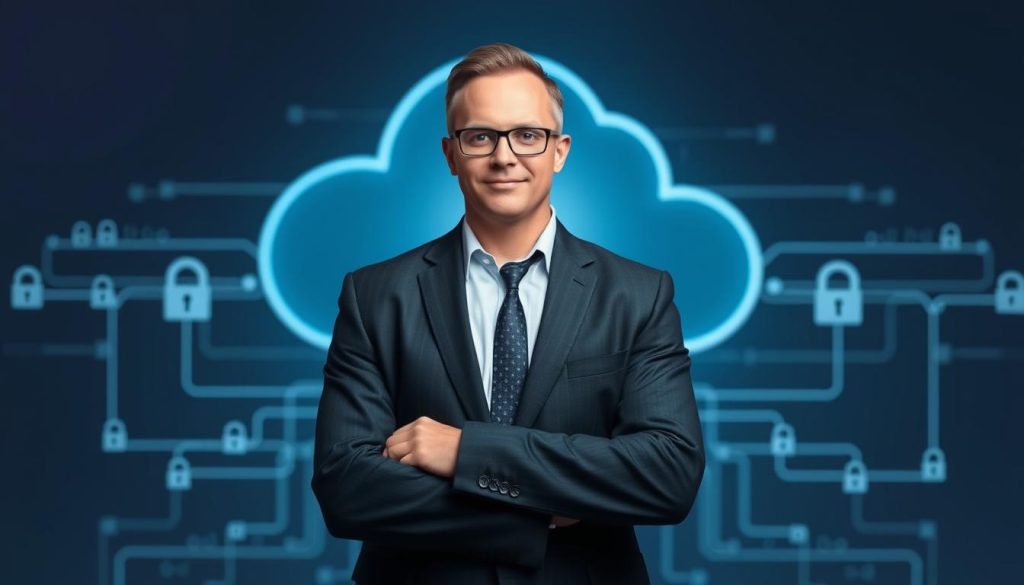 Confident security professional with cloud infrastructure visualization
