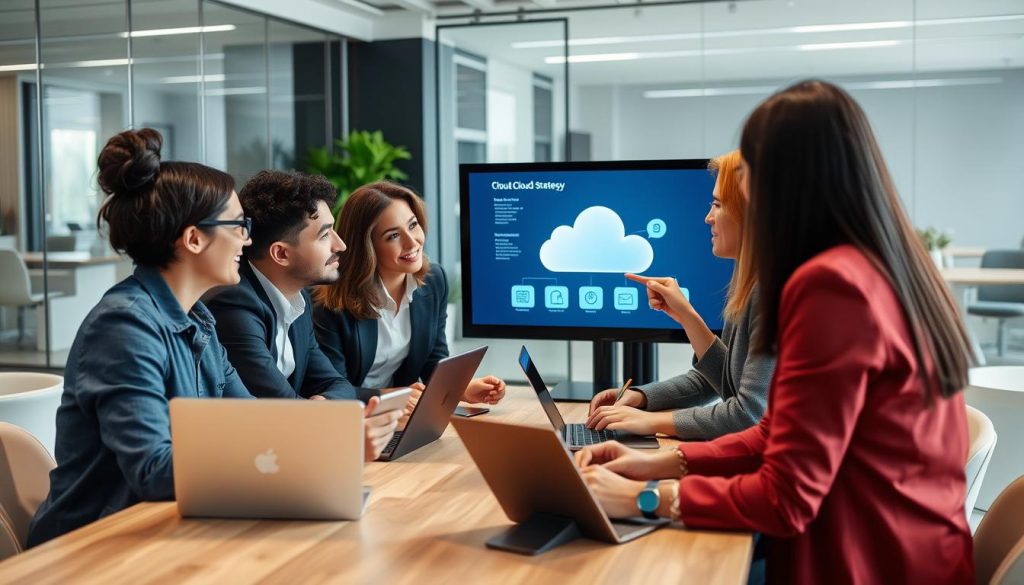 Consultants and clients collaborating in a shared workspace