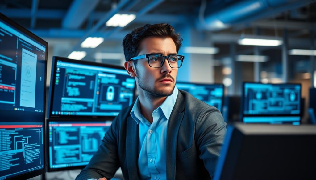 Cybersecurity expert analyzing security vulnerabilities on multiple screens