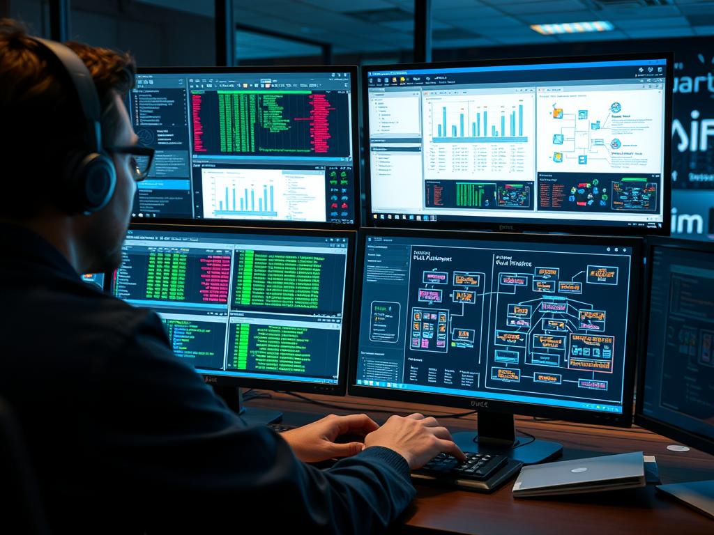 Cybersecurity professional conducting a risk assessment on computer systems