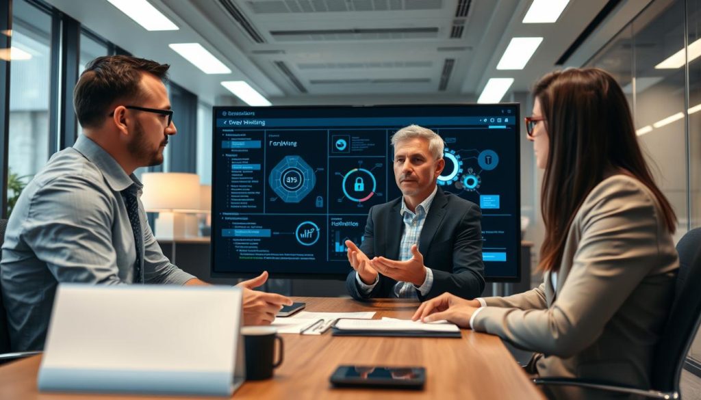 Cybersecurity professionals answering client questions about monitoring services