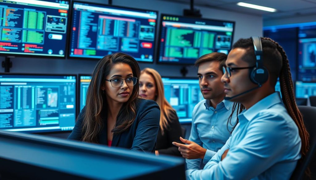 Cybersecurity professionals monitoring security threats in a modern operations center