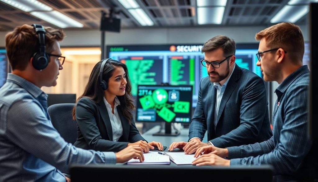 Cybersecurity team at Opsio collaborating on SOC as a Service operations