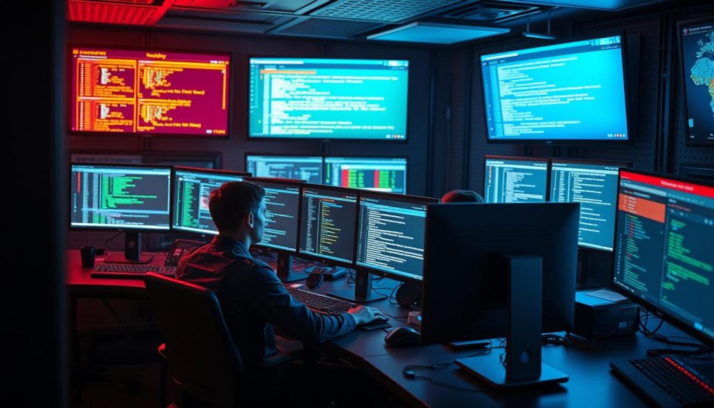 Cybersecurity team responding to a security incident in an operations center