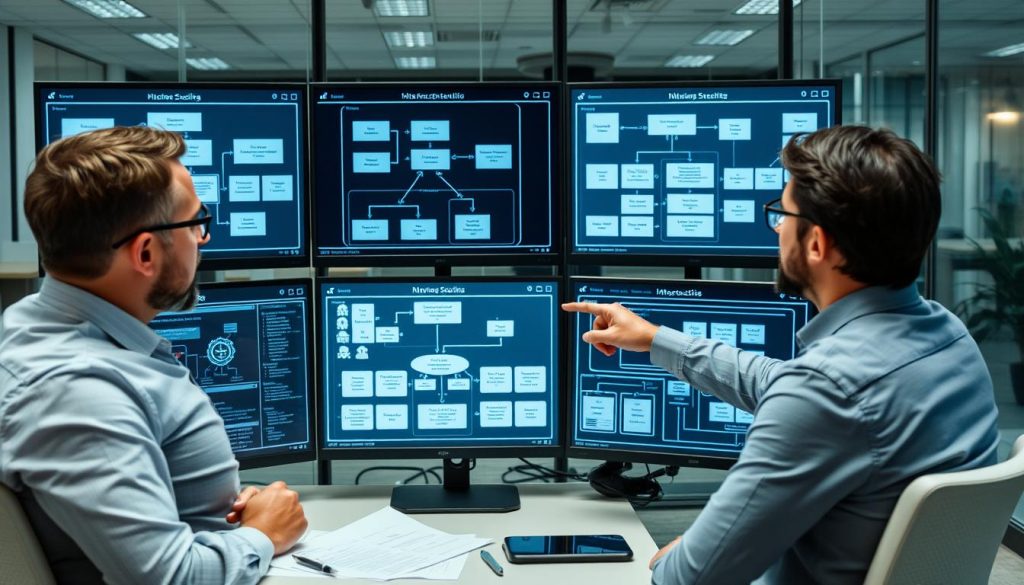 Data integration consultant analyzing system architecture diagrams with client