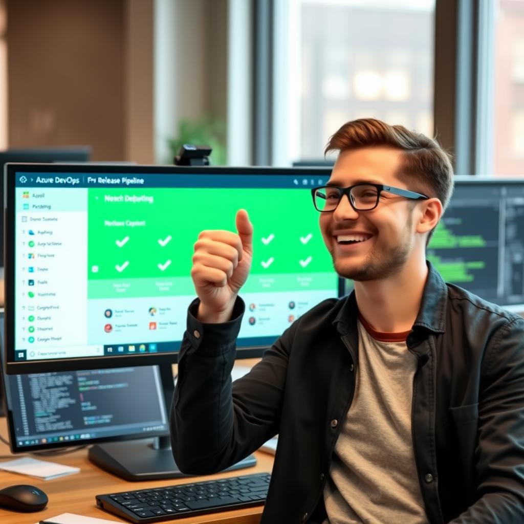 Developer celebrating successful deployment with zero errors