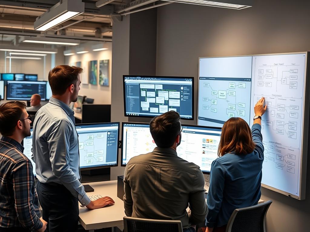 Engineers mapping complex application dependencies for AWS migration planning