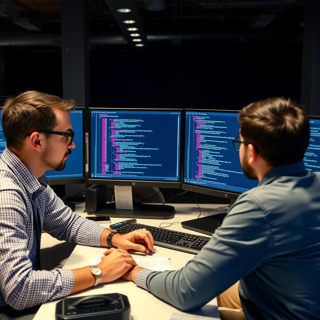 Engineers reviewing infrastructure code for cloud deployment