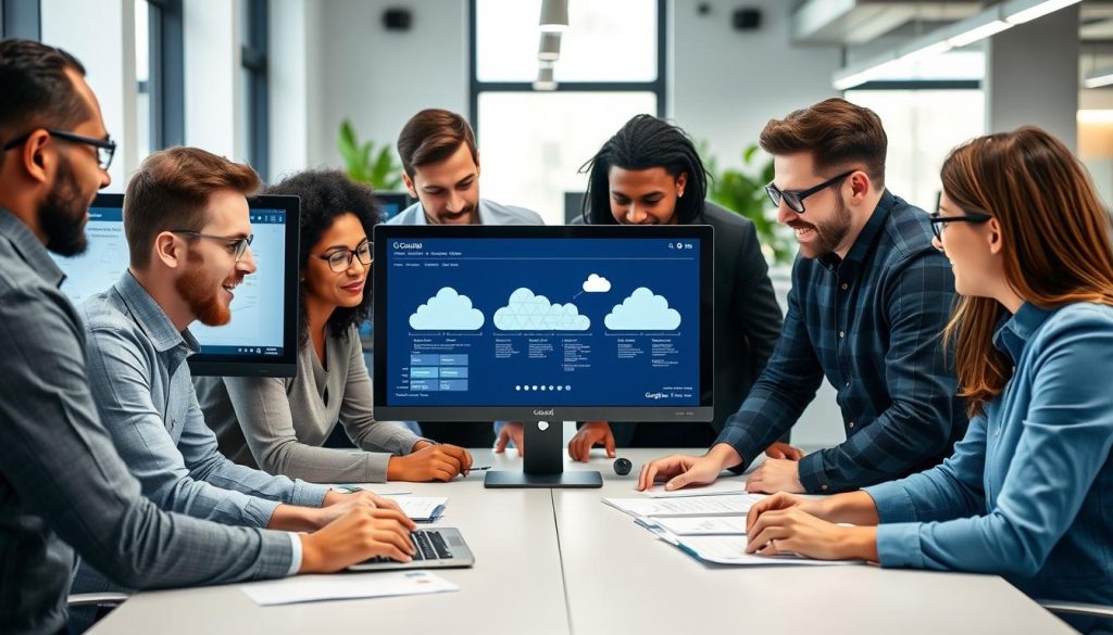 Engineers working on Google Cloud migration strategy with diagrams