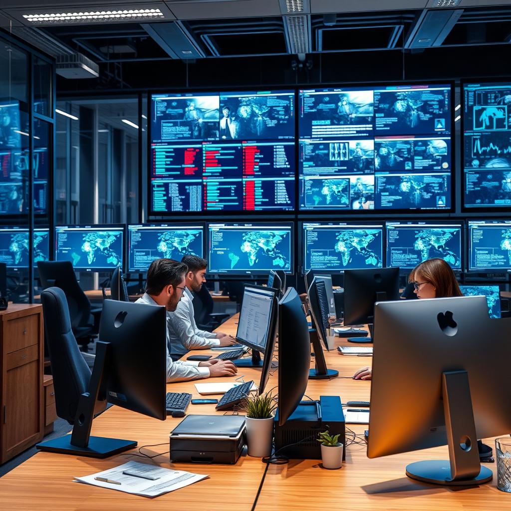 Financial services office with modern cybersecurity systems
