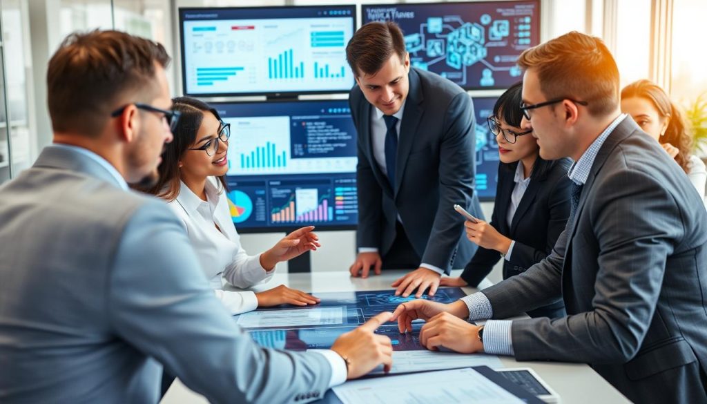 IT consulting team analyzing digital transformation strategy on interactive screens