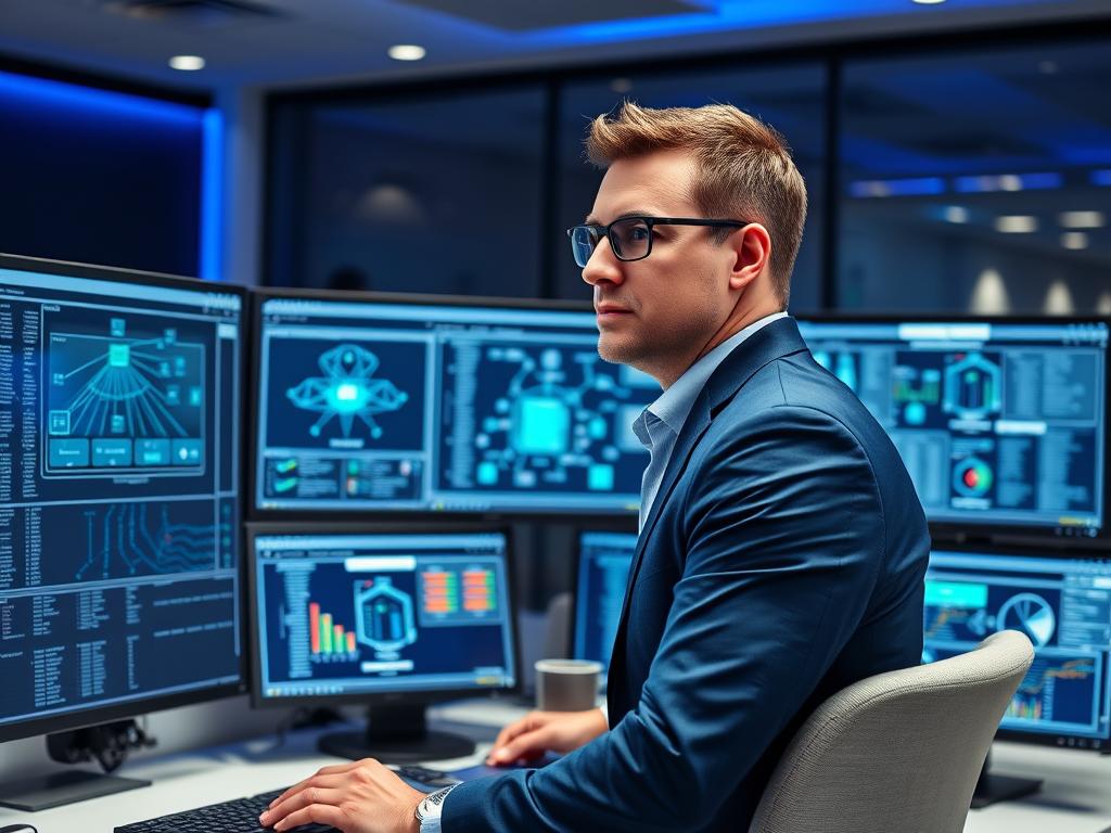 IT infrastructure consultant analyzing network architecture on multiple screens IT infrastructure consultant analyzing network architecture on multiple screens