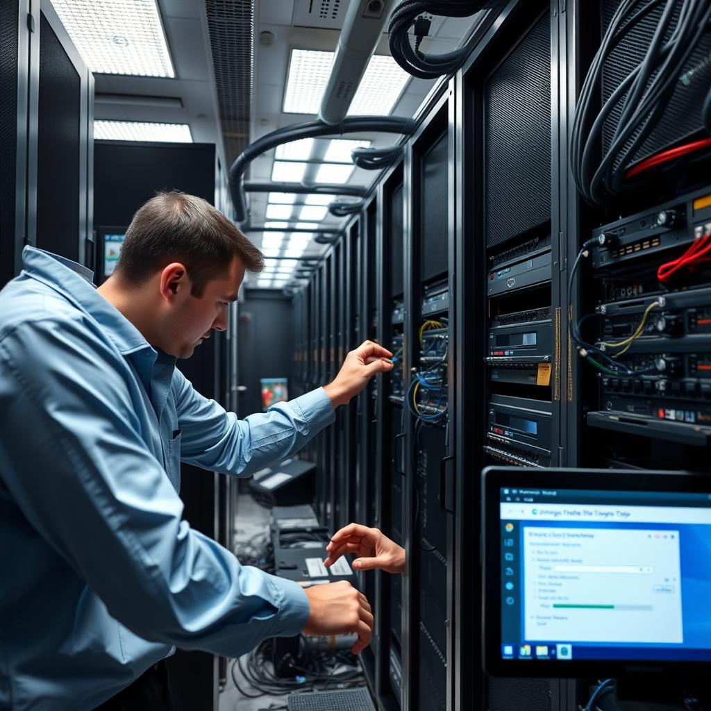 IT infrastructure implementation with engineers configuring servers