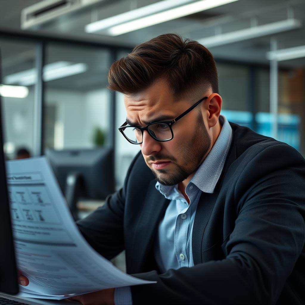 IT manager looking concerned while reviewing migration documentation
