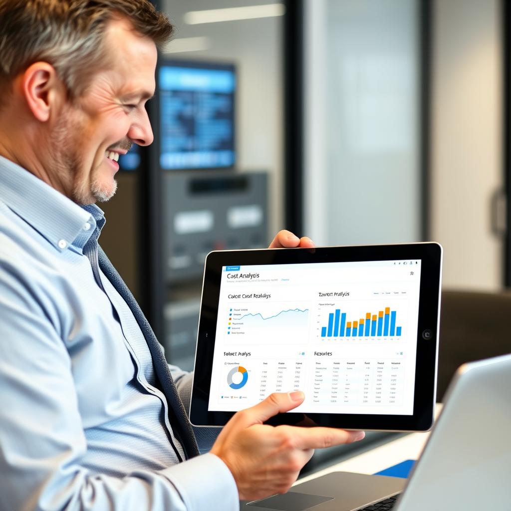 IT manager reviewing cost savings dashboard after Azure DevOps optimization