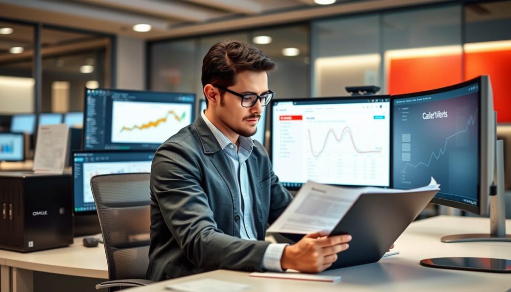 IT professional analyzing Oracle licensing documentation on a computer screen with AWS console open IT professional analyzing Oracle licensing documentation on a computer screen with AWS console open