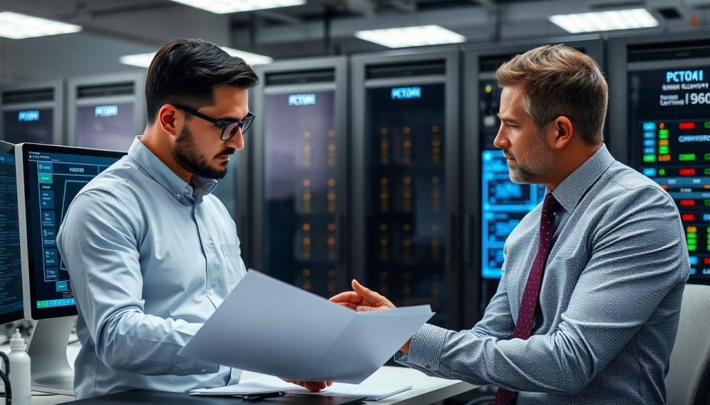 IT professional analyzing disaster recovery plan with business executive IT professional analyzing disaster recovery plan with business executive