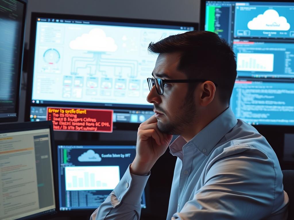 IT professional looking concerned while examining cloud infrastructure diagrams