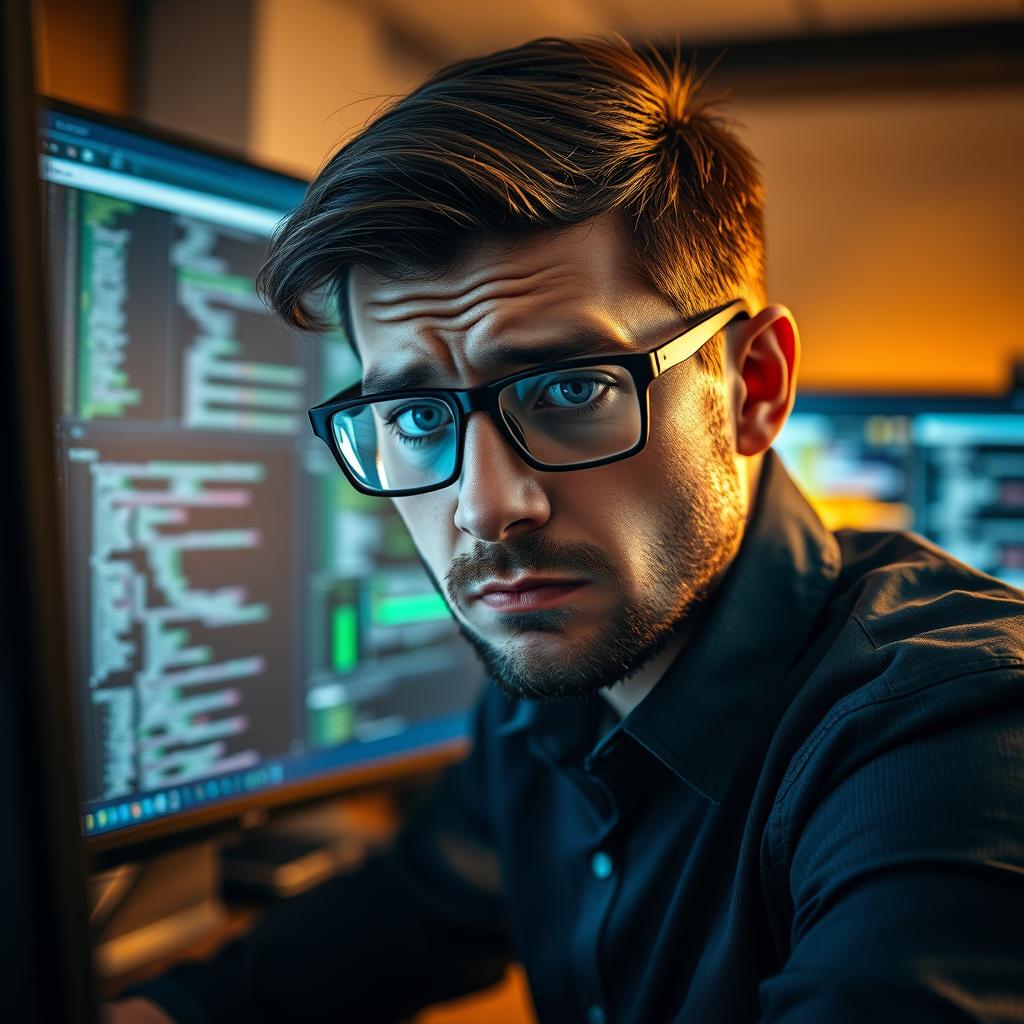 IT professional looking overwhelmed by complex toolchain interfaces