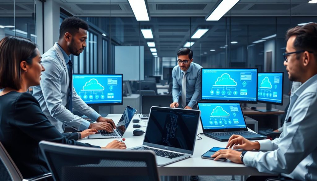 IT professionals collaborating on cloud computing MSP solutions in a modern office environment IT professionals collaborating on cloud computing MSP solutions in a modern office environment