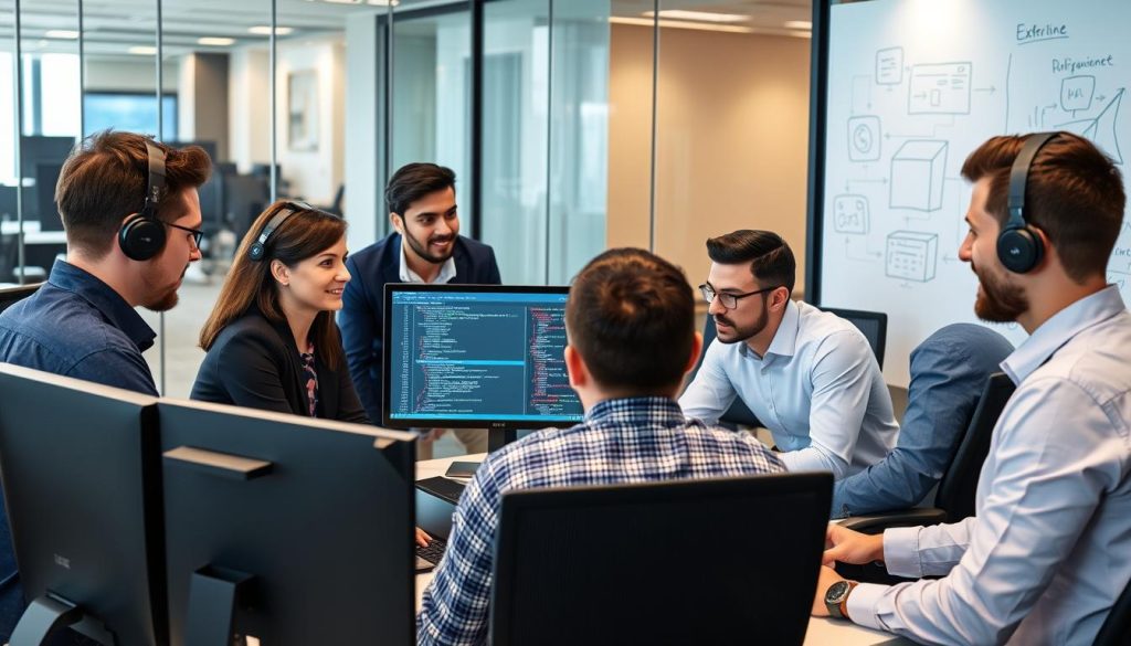 IT professionals collaborating on technology solutions for business clients