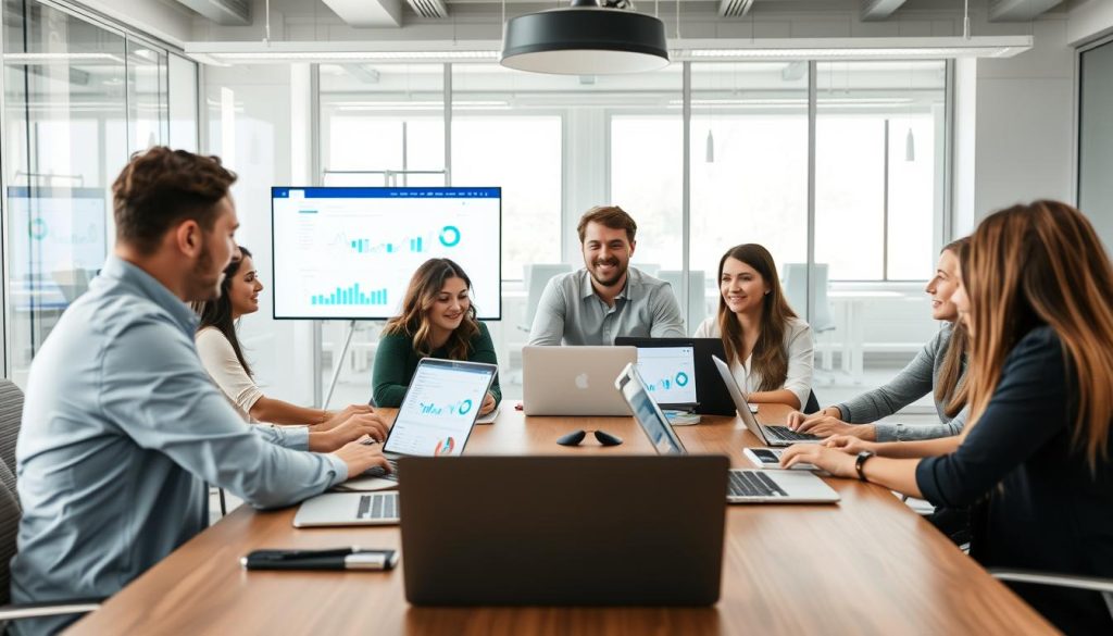 IT professionals collaborating with Opsio's cloud management solution