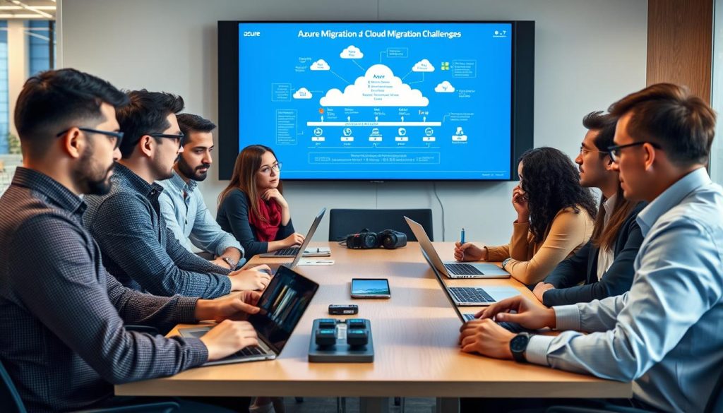 IT professionals discussing Azure cloud migration challenges at a conference table IT professionals discussing Azure cloud migration challenges at a conference table