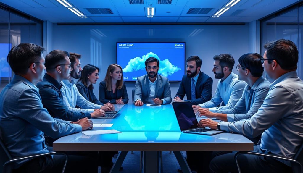 IT professionals discussing Azure cloud strategy at a conference table
