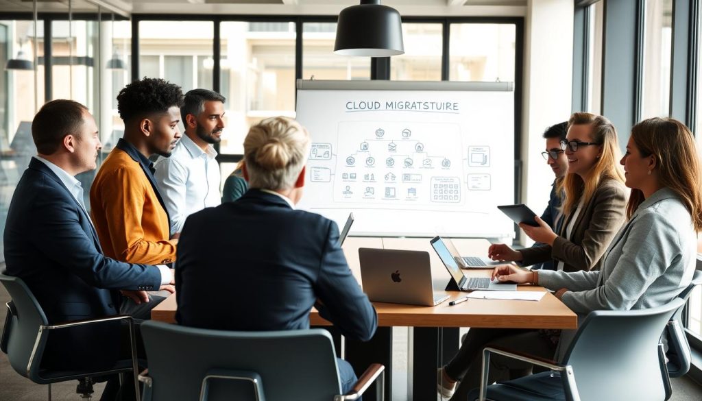 IT professionals discussing Azure migration strategy at a conference table