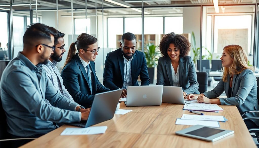 IT professionals discussing cloud migration strategy around a conference table IT professionals discussing cloud migration strategy around a conference table