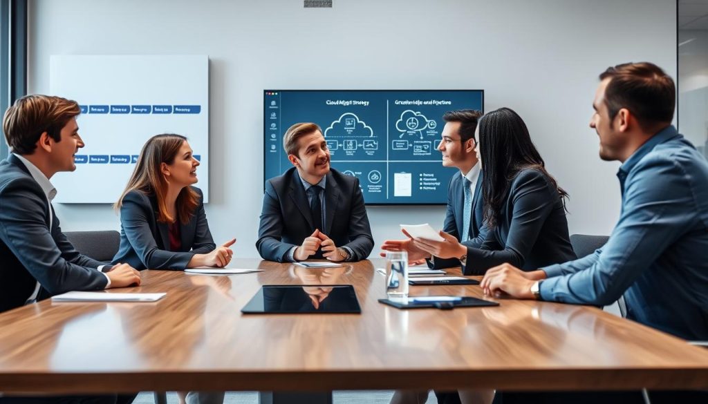 IT professionals discussing cloud migration strategy around a conference table