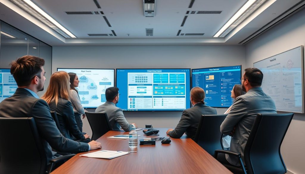 IT professionals discussing hybrid cloud managed services implementation strategy