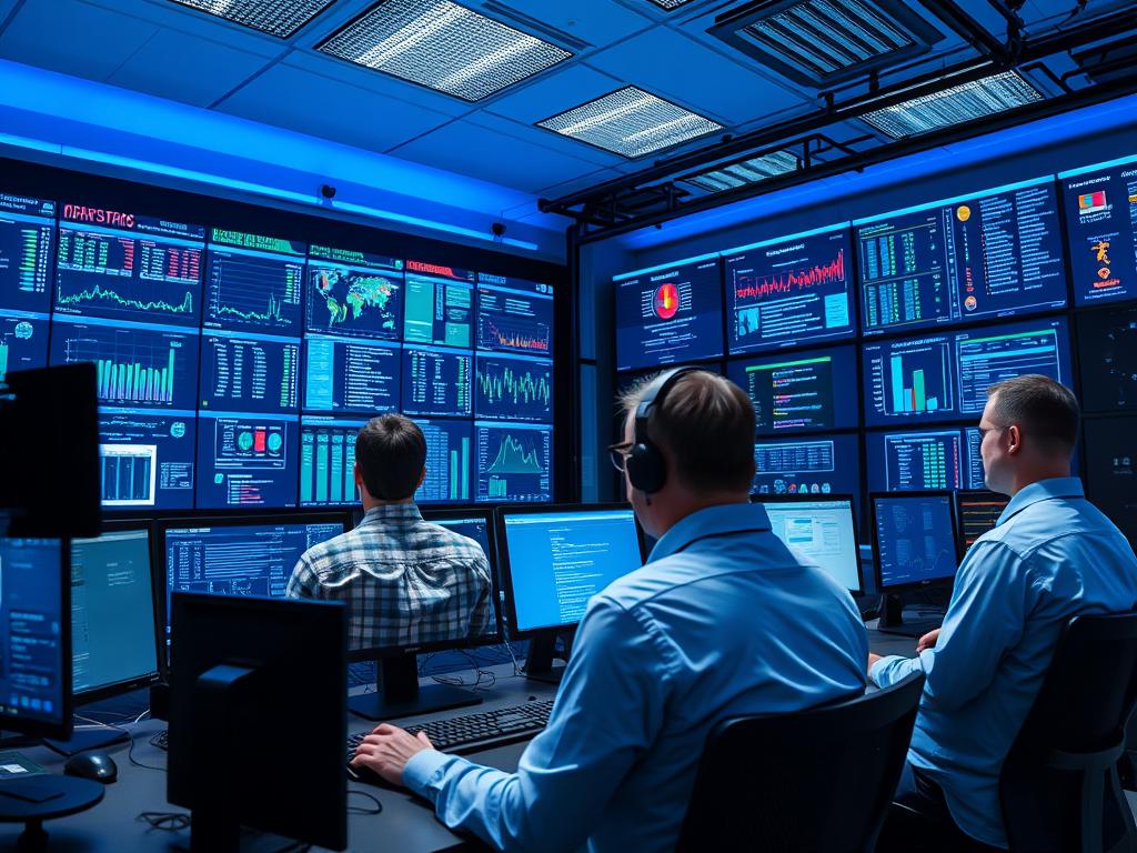 IT professionals in a network operations center monitoring multiple screens