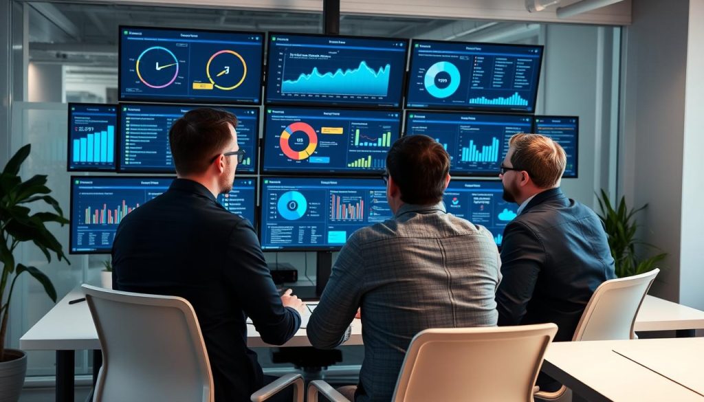 IT professionals reviewing cloud performance metrics and optimization opportunities