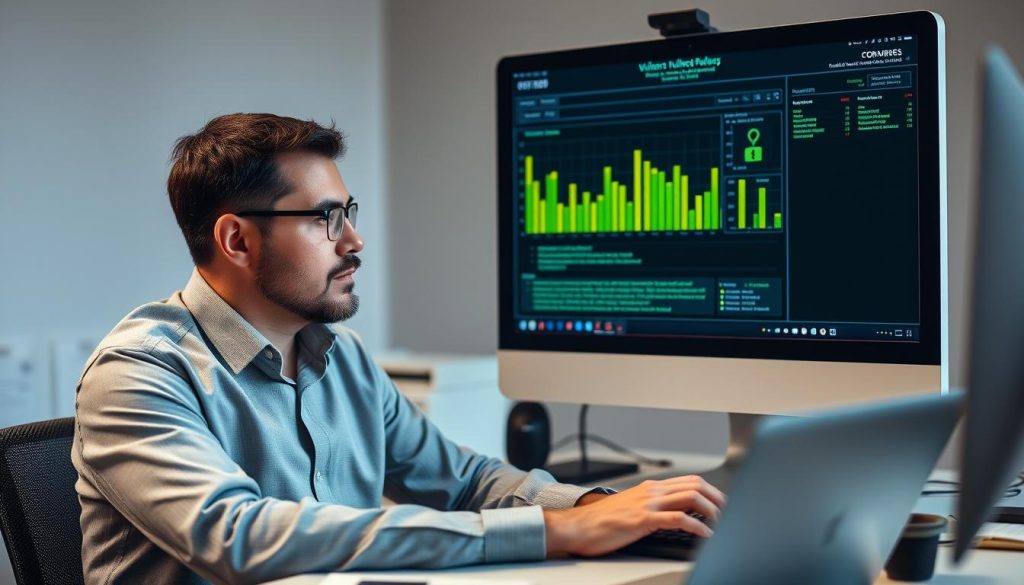 IT security professional analyzing vulnerability assessment results on computer screen IT security professional analyzing vulnerability assessment results on computer screen