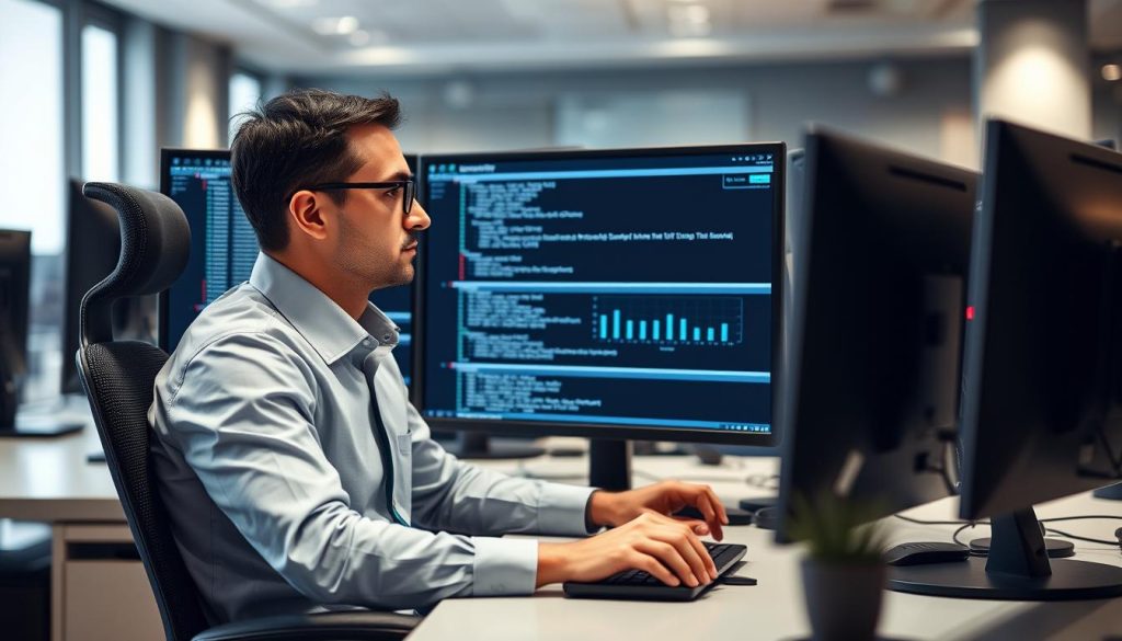 IT security professional monitoring endpoint security dashboard with Managed Endpoint Security interface