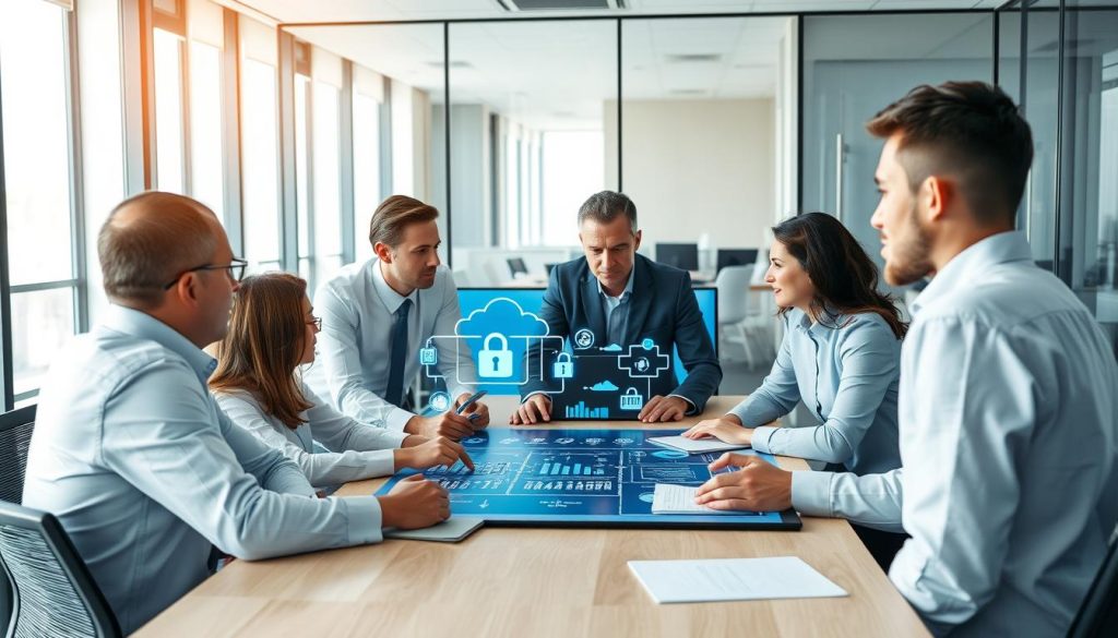 IT security professionals discussing cloud data encryption strategies in a modern office environment