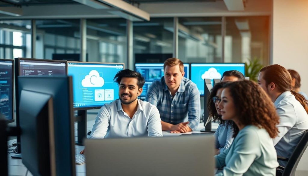 IT security professionals monitoring cloud workload protection dashboard IT security professionals monitoring cloud workload protection dashboard