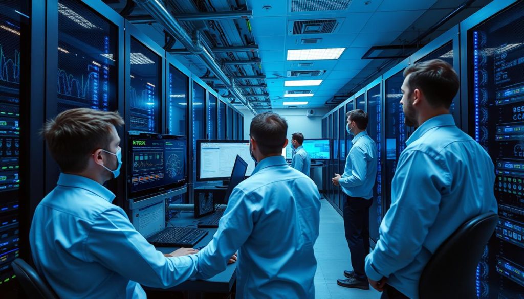 IT service provider team working in a modern data center with servers and monitoring screens