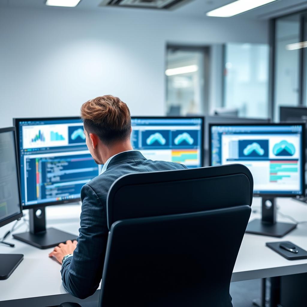 IT specialist monitoring cloud computing MSP dashboard on multiple screens