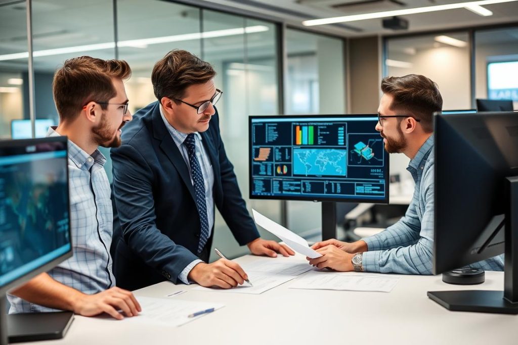 IT specialists from Opsio analyzing client's infrastructure for migration readiness