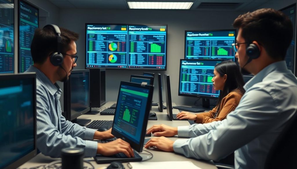 IT team conducting disaster recovery testing in a controlled environment